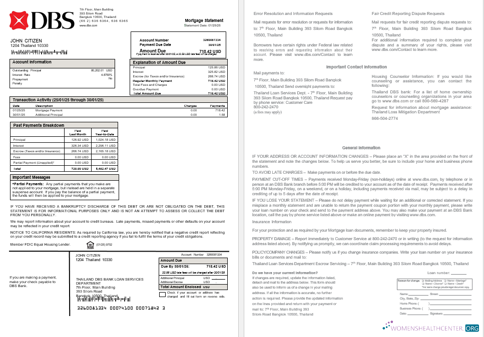Download Thailand DBS bank mortgage statement in Word and PDF formats Photoshop template